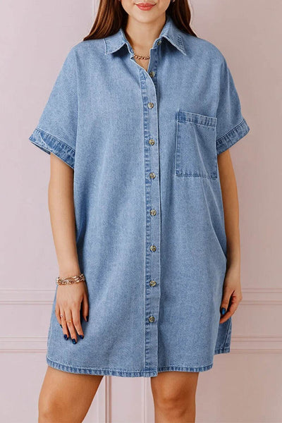 Button Down Short Sleeve Denim Dress - Ebony's Shopping