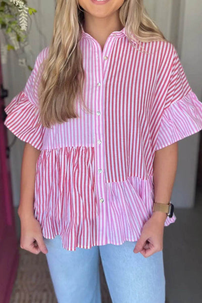 Button Down Striped Ruffled Hem Shirt - Ebony's Shopping