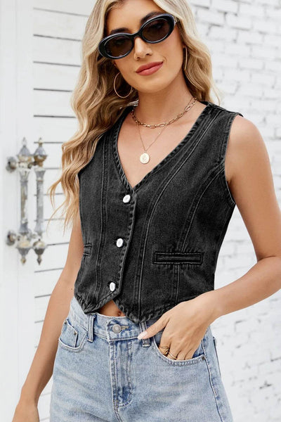 Button Down V-Neck Denim Vest - Ebony's Shopping