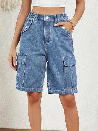 Buttoned Elastic Waist Denim Shorts with Pockets - Ebony's Shopping