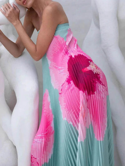 Pleated Printed Tube Floor Length Dress - Ebony's Shopping