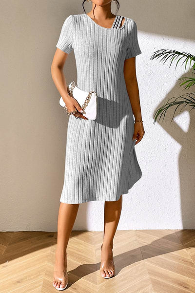 Ivy Lane Ribbed Asymmetrical Neck Short Sleeve Dress - Ebony's Shopping