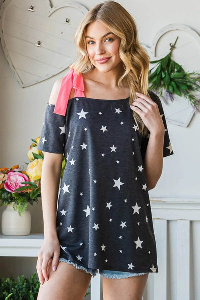 Heimish Full Size Star Print Asymmetrical Neck Short Sleeve Top - Ebony's Shopping