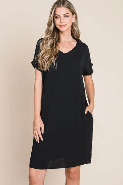 BOMBOM V-Neck Short Sleeve Dress with Pockets - Ebony's Shopping