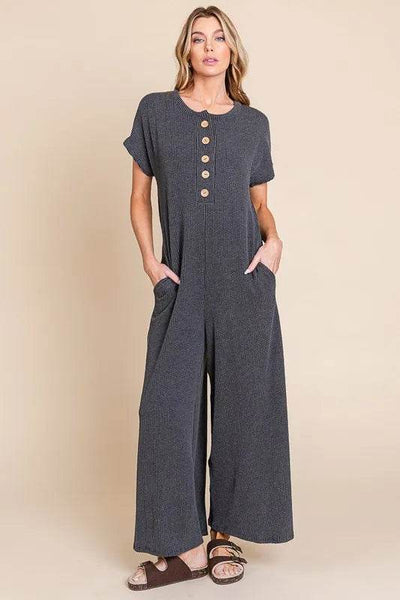 BOMBOM Rib Knit Jumpsuit with Button Detail - Ebony's Shopping
