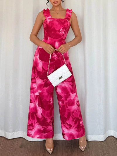 Floral Print Square Neck Wide Leg Jumpsuit - Ebony's Shopping