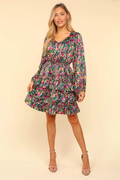 Haptics V-Neck Satin Floral Layered Dress - Ebony's Shopping