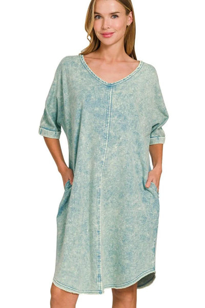 Zenana Acid-washed French Terry Tee Shirts Dress - Ebony's Shopping