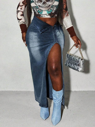 Split Denim Maxi Skirt - Ebony's Shopping