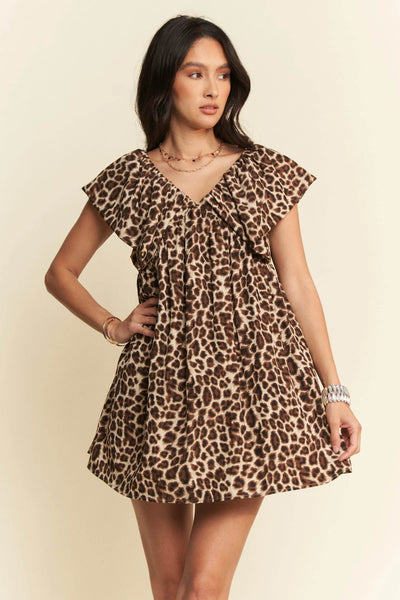 Davi & Dani Animal Printed Velvet Ribbon Mini Dress - Ebony's Shopping