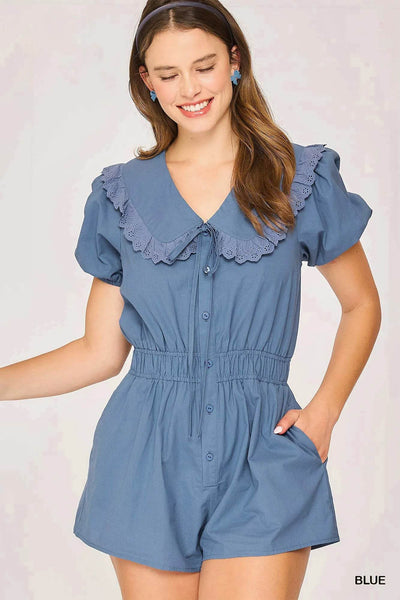 Umgee Collared Short Sleeve Button Down Romper - Ebony's Shopping