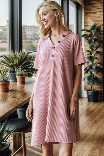 Heimish Full Size Solid Ribbed Mini Dress with Button Plus Size - Ebony's Shopping