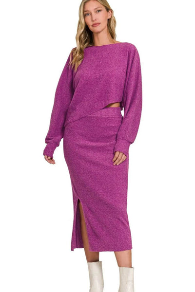 Zenana Ribbed Asymmetric Hem and Sleeve Top & Skirt Set - Ebony's Shopping