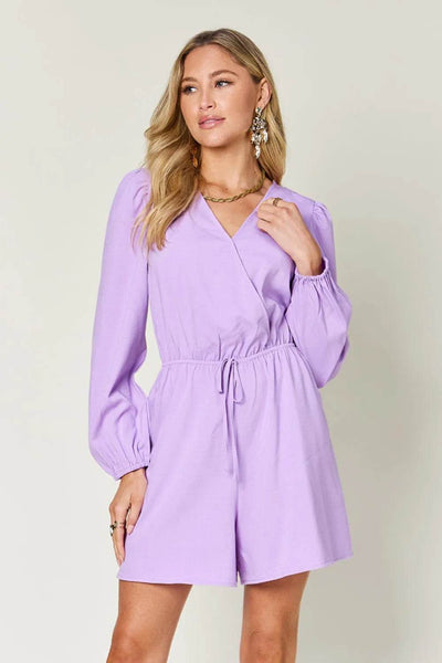 Double Take Full Size Drawstring Long Sleeve Romper - Ebony's Shopping