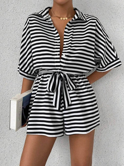 Tie Waist Half Button Striped Romper - Ebony's Shopping