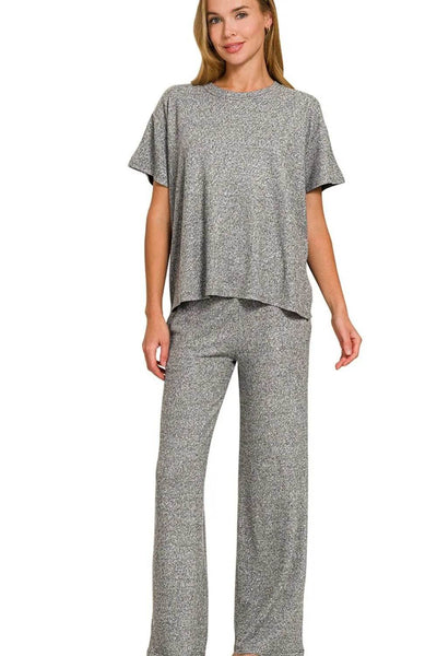 Zenana Soft Melange Short Sleeve Tee & Long Pants Set - Ebony's Shopping