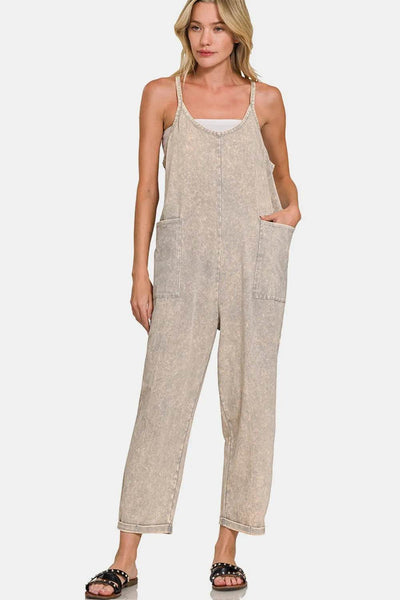 Zenana Washed Spaghetti Straps Overalls with Pockets - Ebony's Shopping