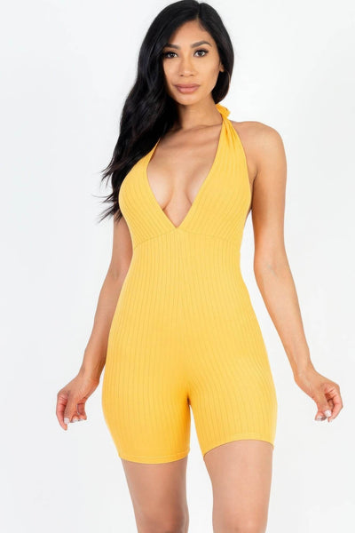 Casual Solid Halter V Neck Ribbed Bodycon Romper - Ebony's Shopping