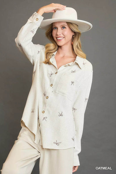 Umgee Linen Blend Fitted Shirt with Ribbon Embroidery Details - Ebony's Shopping