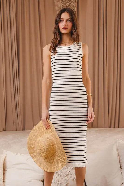 SO ME Stripe Sleeveless Sweater Knit Maxi Dress With Ruffled Hem - Ebony's Shopping