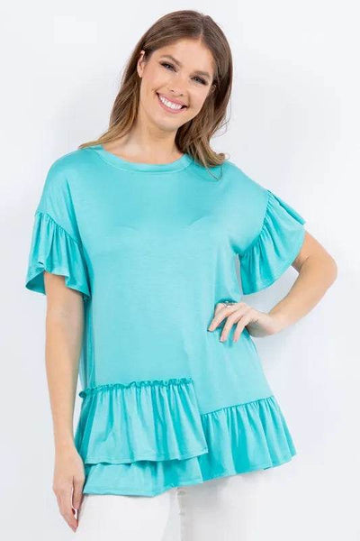 Celeste Full Size Ruffle Detail Asymmetrical Top Plus Size - Ebony's Shopping