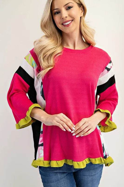 Celeste Full Size Ruffle Sleeve Color Block Top Plus Size - Ebony's Shopping