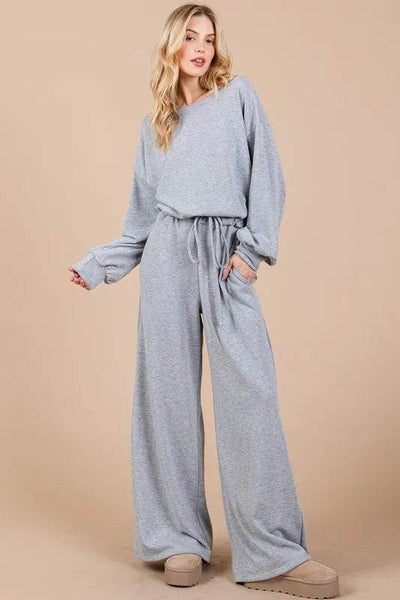 Ces Femme Boat Neck Long Sleeve Drawstring Jumpsuit - Ebony's Shopping