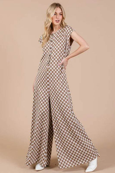 Ces Femme Checkered Half Button Cap Sleeve Jumpsuit - Ebony's Shopping