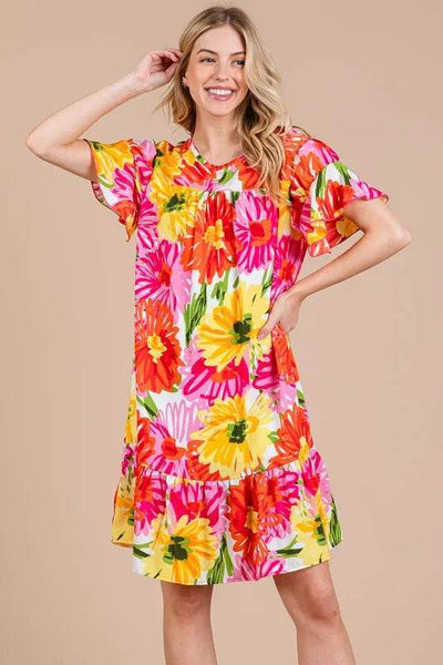 Ces Femme Floral Ruffled Short Sleeve Dress - Ebony's Shopping