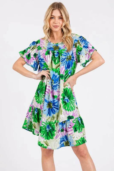 Ces Femme Floral Ruffled Short Sleeve Dress - Ebony's Shopping