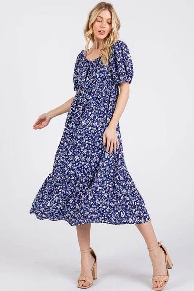 Ces Femme Floral Square Neck Puff Sleeve Midi Dress - Ebony's Shopping