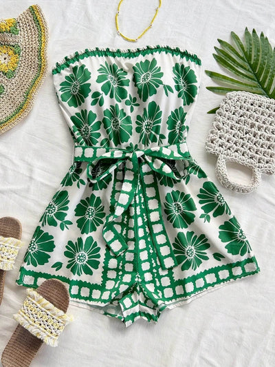 Printed Tube Tie Waist Romper - Ebony's Shopping