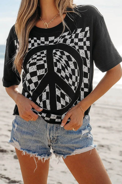 Checkered Peace Sign Round Neck T-Shirt - Ebony's Shopping