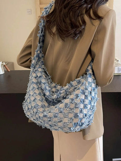 Checkered Raw Edge Denim Shoulder Bag - Ebony's Shopping
