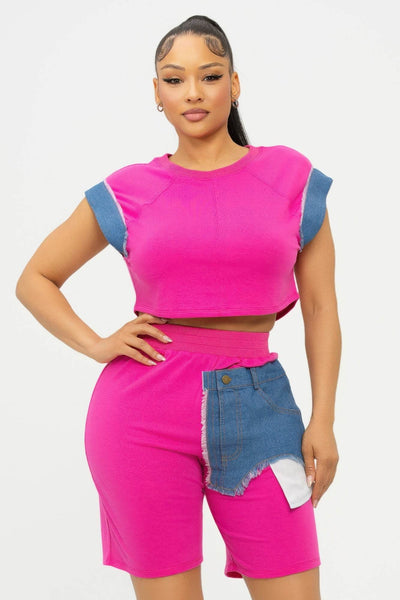Color Block Denim Sleeve Top And Biker Shorts Set - Ebony's Shopping
