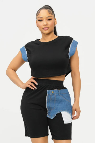 Color Block Denim Sleeve Top And Biker Shorts Set - Ebony's Shopping