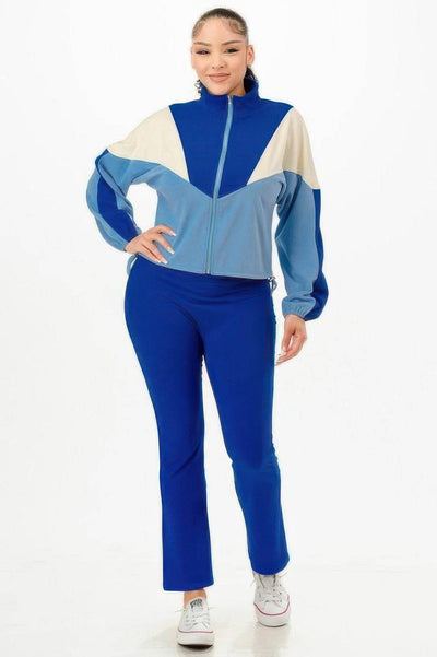 Color Blocked Jacket W/flare Pants Set - Ebony's Shopping