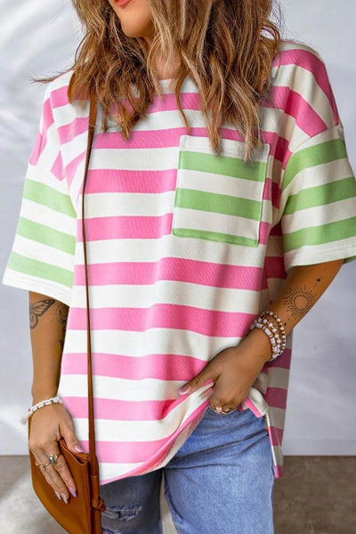Contrast Striped Round Neck Half Sleeve T-Shirt - Ebony's Shopping