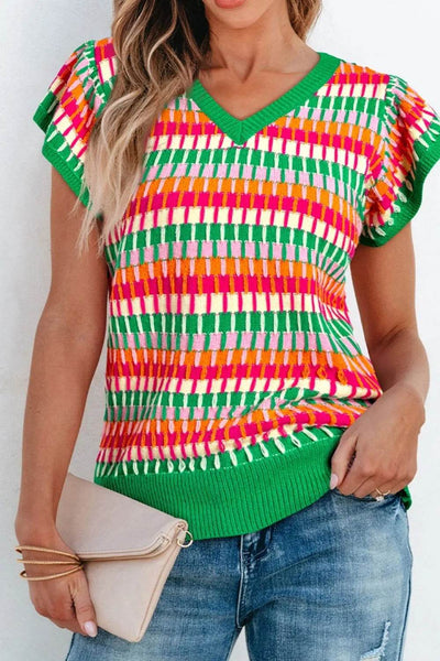 Contrast Striped V-Neck Knit Top - Ebony's Shopping