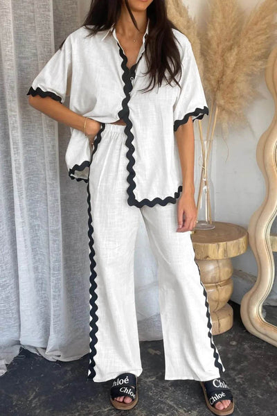 Contrast Trim Half Sleeve Top and Pants Set - Ebony's Shopping