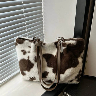 Cow Print Furry Tote Bag - Ebony's Shopping