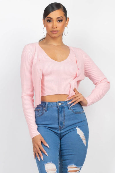Crop Tank Top & Cardigan Sweater Set - Ebony's Shopping