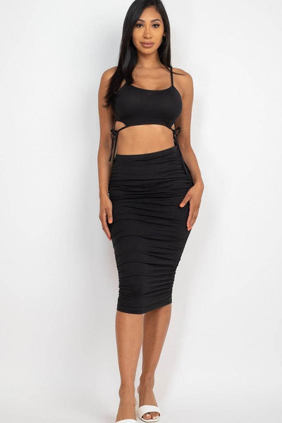 Cut-out Tie Side Crop Top & Ruched Midi Skirt Set - Ebony's Shopping