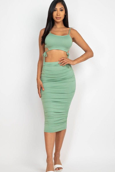 Cut-out Tie Side Crop Top & Ruched Midi Skirt Set - Ebony's Shopping