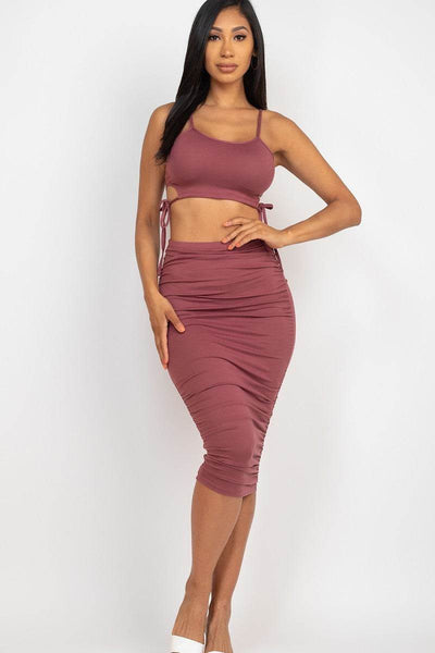 Cut-out Tie Side Crop Top & Ruched Midi Skirt Set - Ebony's Shopping
