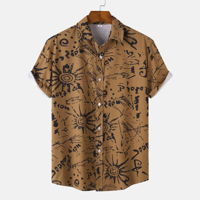 Men's Plus Size Vintage Sun Print Short Sleeve Button-Up Shirt - Ebony's Shopping