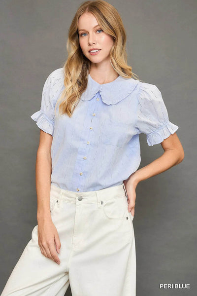 Umgee Peter Pan Collared Button Down Textured Shirt with Ruffled Detail - Ebony's Shopping
