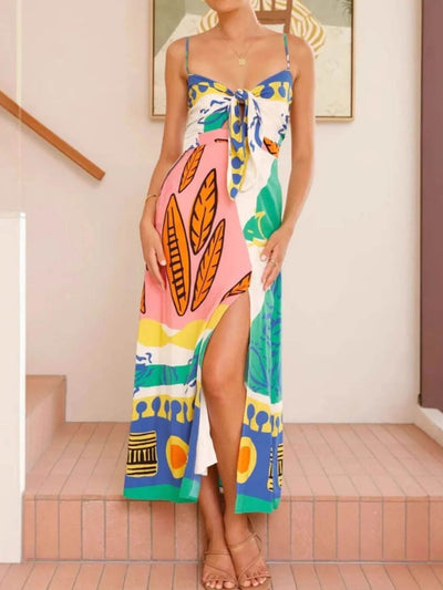 Tied Front Printed Slit Maxi Cami Dress - Ebony's Shopping