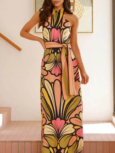 Printed Halter Neck Maxi Cami Dress - Ebony's Shopping