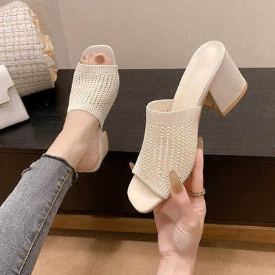 Block Heel Knit Sandals - Ebony's Shopping